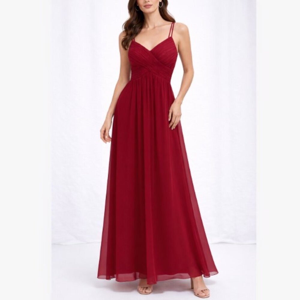 Azazie Burgundy Chiffon Spaghetti Strap Formal Gown Womens 6 Prom Dress Red Lace